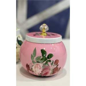 Pot de rangement en métal blanc de style nordique |   Pot à fruits et en-cas à motifs floraux roses |   Pot de rangement pour bonbons avec couvercle en verre orné d'éléments dorés - Product Image 3