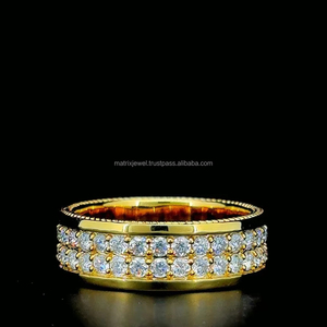 14K Yellow Gold Personalized Double Row Moissanite Diamond Wedding Band <b>Ring</b> Fashionable Index Finger <b>Ring</b> For <b>Male</b> & Female - Product Image 1