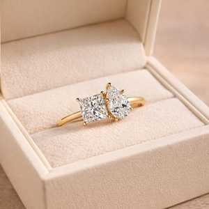 Bague de fiançailles en or massif 10K 14K 18K avec diamant de laboratoire taille princesse et taille poire, design de joaillerie fine, certifiée IGI, couleur E VVS - Product Image 2