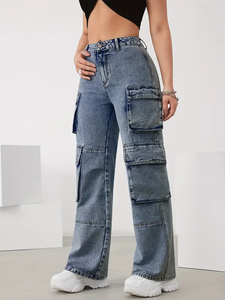 Vaqueros Cargo de Mezclilla Azul Lavado Holgados y Estilizados para Mujer, con Botones, de Corte Recto, para Uso Casual, en Venta, Servicio OEM - Product Image 4