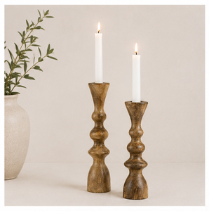 Handcrafted Natural Mango Wood <b>Taper</b> <b>Candle</b> Holder Set Of 2 Elegant Boho Spindle Design for Modern Farmhouse Home Decor Table - Product Image 6