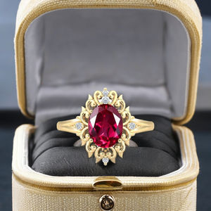 Bague de fiançailles de style Art déco vintage 6*8mm taille ovale rubis de laboratoire fabriquée à la main en argent 925 plaqué or bague de mariage - Product Image 1