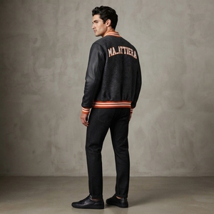 Blouson Bomber Homme en Laine Anthracite avec Manches en Cuir, Col Côtelé Rayé Orange, Broderie Personnalisée, Vêtement d'extérieur Premium - Product Image 4