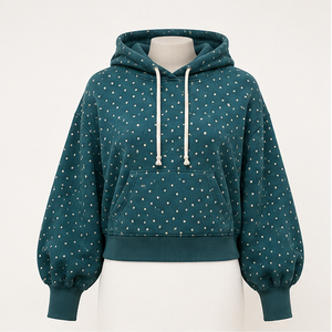 Sudadera con Capucha Personalizable para Mujer, Color Verde Azulado Intenso, Corte Semi-Corto, Relajada, con Estampado de Puntos Pequeños Escalonados, de Algodón-Modal Aterciopelado - Product Image 1