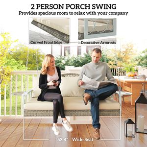 Sedia a dondolo sospesa a forma di uovo in vimini naturale per 3 persone, per patio esterno, veranda, con cuscini, catene e portabicchieri - Product Image 4