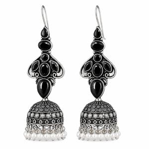 Long <b>Black</b> Onyx <b>Dangle</b> Bollywood Jhumka <b>Earrings</b> Oxidized Silver Party Jewelry - Product Image 3