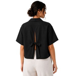 Camisa Corta Negra Bordada Personalizada para Mujer, Blusa Casual de Verano con Botones, Top de Moda con Logotipo Personalizado, Mezcla de Lino - Product Image 2
