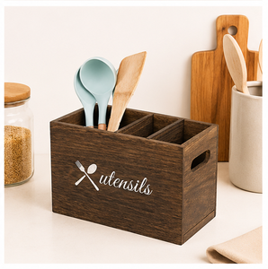 Rustic Burnt Wooden Cutlery Holder With 3 Compartments Sustainable Farmhouse <b>Kitchen</b> Utensil Organizer <b>Caddy</b> For Countertop - Product Image 4