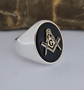 Solid 925 <b>Sterling</b> <b>Silver</b> 13x18mm Black Onyx Freemason Oval Compass G Symbol Bezel <b>Set</b> Masonic Brotherhood Signet <b>Ring</b> for Men - Product Image 1