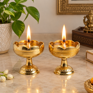 Brass Diya Pair Oil Lamps for Puja <b>Home</b> Temple <b>Decor</b> Diwali Festival Traditional <b>Indian</b> Handmade Brass Decorative Lamps Exporter - Product Image 2