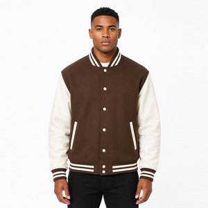 Stylish Daily Outfit Brown <b>White</b> Letterman <b>Jacket</b> Premium Soft Fabric Ribbed Hem Snap Closure - Product Image 1