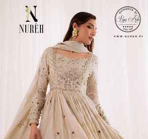 Ssumaira <b>Present</b> Omara festive <b>eid</b> collection by Nureh Embroidered Embellished silk & chiffon jacquard collection Anarkali - Product Image 6