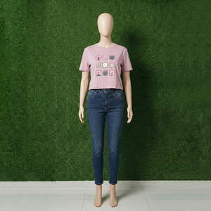 T-shirt court mignon pour femme 100 % coton jersey imprimé chat de dessin animé par transfert thermique écologique coupe ajustée compressée - Product Image 1
