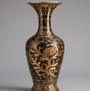 Vase élancé en acajou foncé avec des gravures de pivoines dorées s'étalant sur toute la surface. Sofistication classique disponible à prix de gros. - Product Image 1