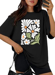 T-shirt imprimé graphique 100 % coton pour femme, col rond, coupe ample et confortable, manches courtes, idéal pour l'été - Product Image 5