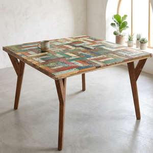 Mesa de Comedor Minimalista de 4 Plazas, Hecha a Mano con Madera Reciclada de Barco, Diseño Patchwork, Muebles para el Hogar DIVADI Ecológicos - Product Image 2