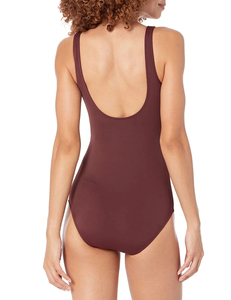 Traje de baño de una pieza para mujer, color marrón liso, cuello redondo, cintura alta, talla grande, estilo tank, de spandex y poliéster tejido - Product Image 2