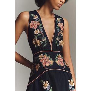 High Quality 100% Cotton Maira Floral Sleeveless Plunge <b>Knee</b>-Length Dress Thin <b>Straps</b> V-neckline Dramatic Short Long Drape ODM - Product Image 4
