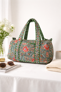 Sac de voyage matelassé en coton à imprimé floral vert, fermeture éclair, doubles poignées |   Sac de week-end unisexe léger 20-35L - Product Image 1