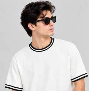 Men's <b>White</b> Short Sleeve T-Shirt Regular Fit O-Neck Contrast Trim Casual Cotton Jersey <b>Top</b> Solid Color Knitted Fabric - Product Image 1