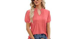 Camiseta de Mujer con Cuello en V y Mangas Abullonadas, Color Morado, Estilo Casual, Holgada, Transpirable, para Primavera/Verano - Product Image 3