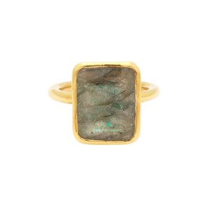 Women's Fashion <b>Labradorite</b> Gemstone <b>Rings</b> - Handmade Collet Setting Rectangle Shape Gold Plated <b>Rings</b> - Product Image 1