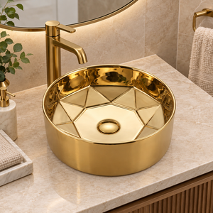 Lavabo Redondo Geométrico Facetado de Latón, Lavabo de Lujo Dorado para Encimera, Lavabo Moderno Artístico para Baño, Hotel, Villa, Sanitarios - Product Image 4