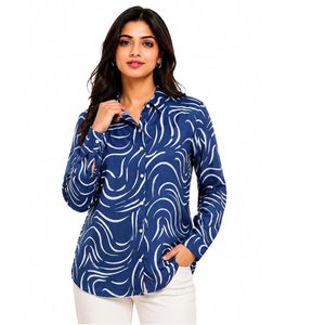 Chemise bleue imprimée pour femmes |   Tissu en rayonne |   Coupe classique à manches longues |   Vêtements décontractés et de bureau - Product Image 1