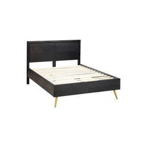 Stylish Wooden Bed Frame With Herringbone Inspired Chevron <b>Panels</b>, Modern Raised <b>Headboard</b> And Golden Legs For Bedroom Furniture - Product Image 1