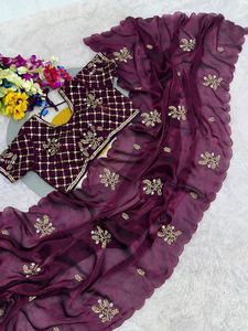 Indian Boutique Stylish Fancy All Over Hand Work Satin Silk <b>Saree</b> Exclusive Elegant Sari <b>Blouse</b> Ethnic Latest Trendy <b>Blouse</b> Girl - Product Image 4