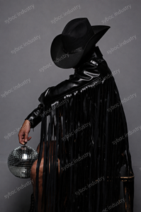 Blouson de motard en cuir à franges pour homme, noir, avec manches et dos en peau d'agneau, fermeture éclair asymétrique, taille cintrée, style western à pompons - Product Image 3