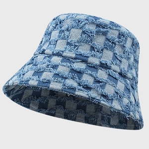 Sombrero de Pescador a Cuadros de Mezclilla Azul Desgastado de Diseñador de Moda al por Mayor para Hombres y Mujeres - Product Image 4