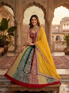 Lehenga Choli Bordado Multicolor de Estilo Real con Dupatta Amarilla, de Secado Rápido, para Verano, Navratri, Bodas, Fiestas, Invierno y Eventos Festivos - Product Image 3
