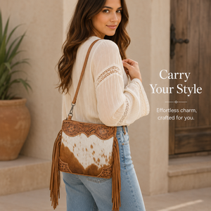 Sac à bandoulière en cuir véritable de vachette à poils, style western, avec franges, pour femme |   Sac à bandoulière en cuir artisanal travaillé à la main, style bohème - Product Image 2