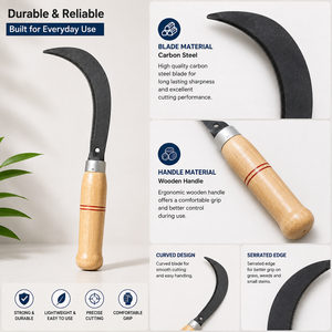 Faucille à manche en bois, lame dentelée en acier au carbone, coupe-herbe, désherbeur, outil de récolte pour jardin et ferme, équipement agricole - Product Image 3