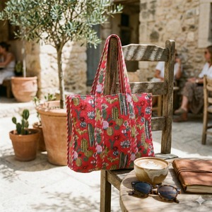 Sustainable Cotton Velvet RedTote <b>Bag</b> Cactus Floral Print Zipper Open Closure <b>Reusable</b> Shopping Travel Tote <b>Bag</b> - Product Image 3