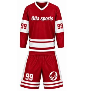 Men Red Sublimated Ice Hockey Set Jersey Shorts Polyester Striped Team Sportswear <b>Athletic</b> Match Training Apparel - Product Image 1