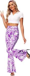Pantalones Acampanados de Mujer con Estampado de Mármol Morado y Blanco, de Cintura Alta Elástica, Ajuste Holgado, Largos, Casuales de Verano, Tejidos en Spandex y Poliéster - Product Image 5
