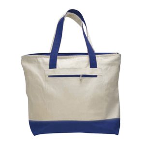Sac fourre-tout en toile crème avec base violette, fermeture éclair, poignée en corde, poche avant, impression personnalisée, prêt pour la vente en gros, promotionnel, plage, gym, shopping - Product Image 4