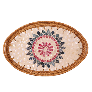 High-grade Handmade Rattan Colorful Shell Round Storage <b>Tray</b> Home Living Room Light Luxury Picnic Fruit <b>Basket</b> Restaurant <b>Tray</b> - Product Image 1