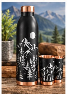 Modern Green <b>Metal</b> <b>Water</b> <b>Bottle</b> with Gold Leaf Pattern and Copper Lid Eco Friendly Drinkware - Product Image 5