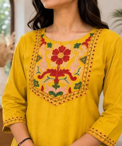 <b>Women</b> Yellow Cotton Embroidered <b>Kurta</b> Pant Set Traditional Regular Fit Midi Casual Wear India Pakistan Style 86722 AARVI - Product Image 3