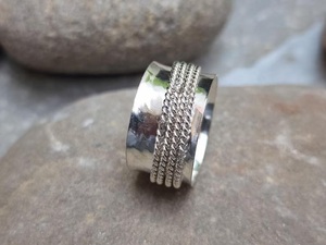 925 Sterling Silver Bezel Setting <b>Spinner</b> <b>Ring</b> Twisted Rope Wide Band Handmade Boho Christian Fashion Jewelry for Women Men - Product Image 1