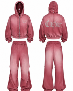 Custom Oversized Cropped Hoodie Baggy Sweatpants <b>Set</b> Logo Washed <b>Pink</b> Streetwear <b>Tracksuit</b> Winter Anti-Wrinkle 400 GSM 100% - Product Image 1
