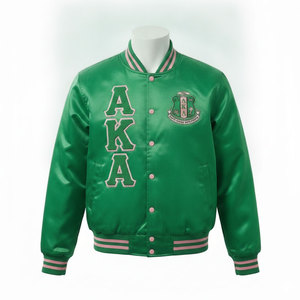 Chaqueta bomber corta de satén bordada para mujer, verde y rosa, estilo universitario griego, ropa de hermandad AKA, chaqueta griega personalizada. - Product Image 2