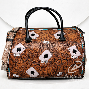 Bolso de mano grande de cuero repujado a mano estilo western con diseño de As de Espadas para mujer, bolso de viaje tipo barril, lindos bolsos de lona. - Product Image 1