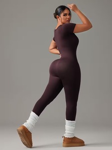 Women's Ribbed Scoop Neck Short Sleeve Jumpsuit | Full-Body Slim-Fit Activewear <b>Unitard</b> | Lightweight Yoga Fitness <b>Romper</b> - Product Image 4