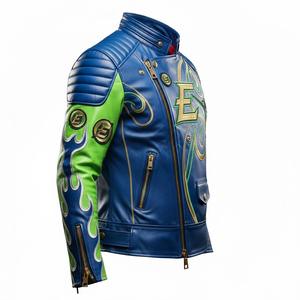 Chaqueta de Motociclista Personalizada para Hombre, de Cuero Azul Verde, Resistente al Viento, para Invierno, con Bordado de Llamas y Rayas Doradas, Estilo Biker, OEM - Product Image 3