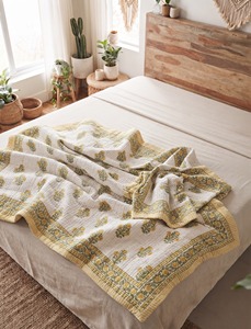 Hand Block Printed Cotton Reversible Indian Floral Print Lightweight Soft <b>Quilt</b> <b>Throw</b> Blanket Kantha Jaipuri Razai Boho 60x90 - Product Image 3