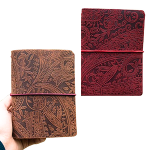 A6 Cashmere Print Embossed Floral <b>Leather</b> <b>Refillable</b> <b>Notebook</b> Cover Genuine <b>Leather</b> Bifold Journal Personalized Gift - Product Image 1